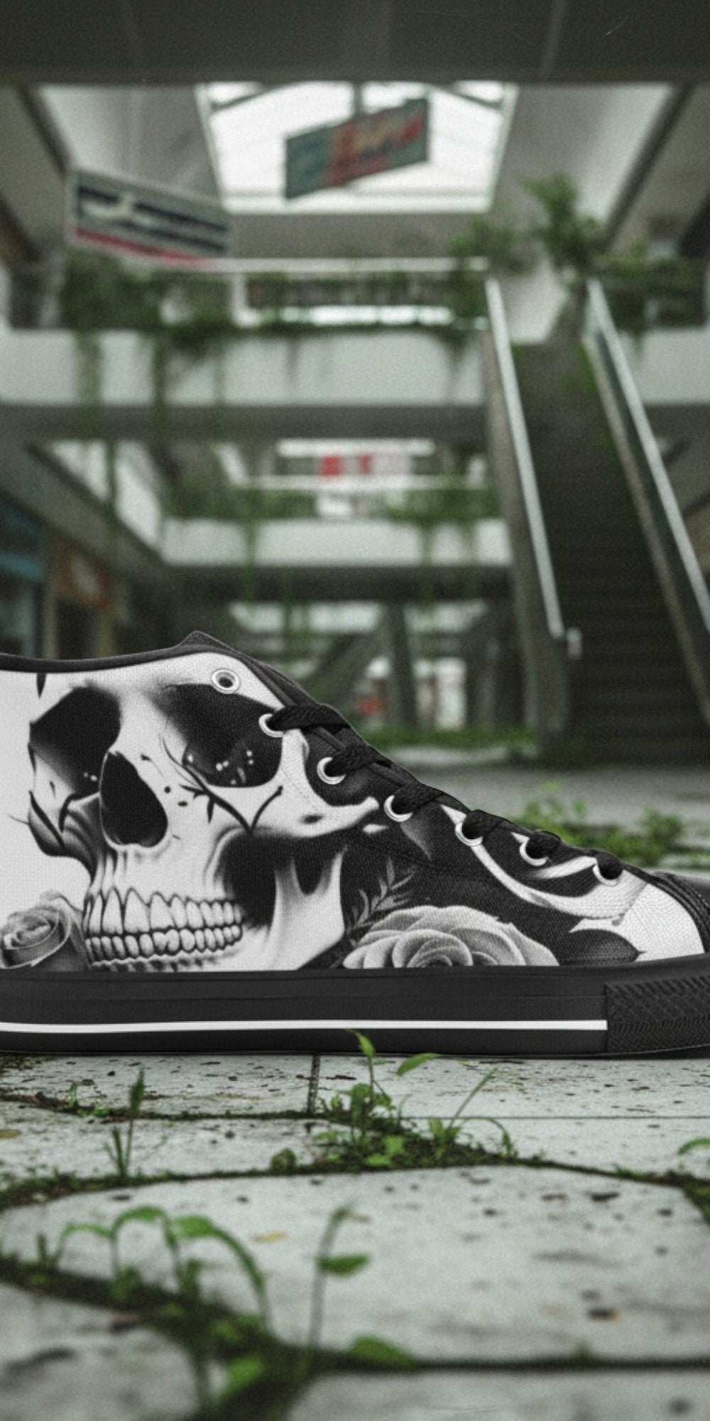 Women's Skulls & Roses Black & White high-top canvas shoes, custom full-wrap printed design — Freaky Shoes