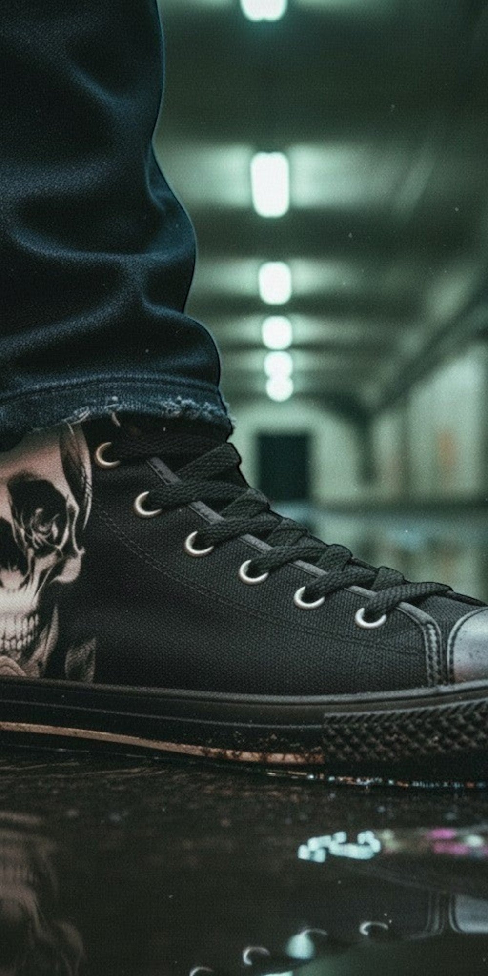 Custom Women's Cartoon Skulls & Roses Black high-top canvas shoes with bold all-over art — Freaky Shoes