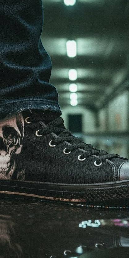 Custom Women's Cartoon Skulls & Roses Black high-top canvas shoes with bold all-over art — Freaky Shoes