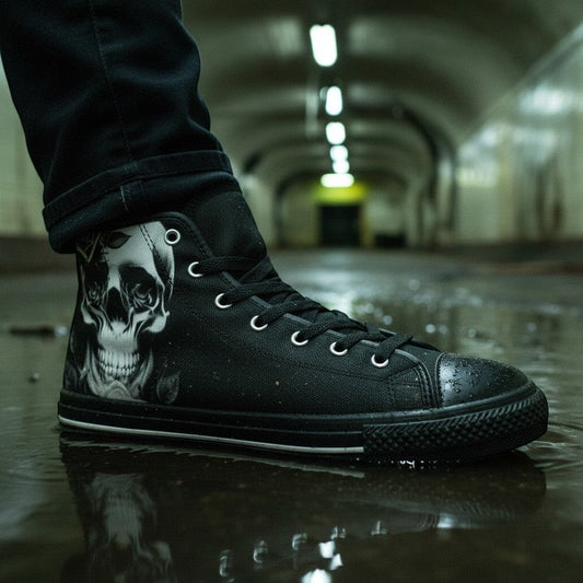 Freaky Shoes® women's black canvas high-top sneakers featuring a detailed skull and rose print in a wet urban setting.