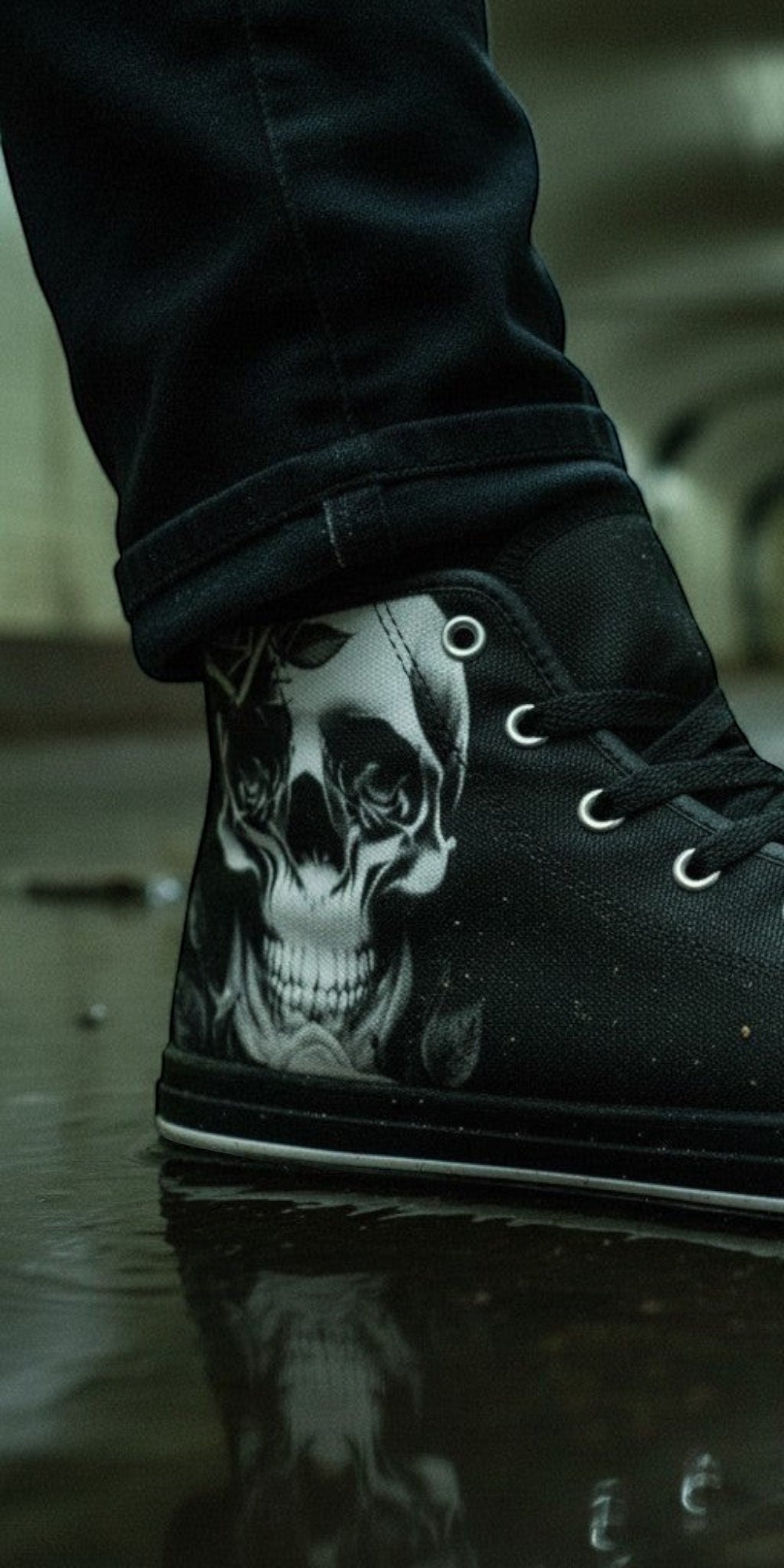 Women's Cartoon Skulls & Roses Black high-top canvas shoes, custom full-wrap printed design — Freaky Shoes