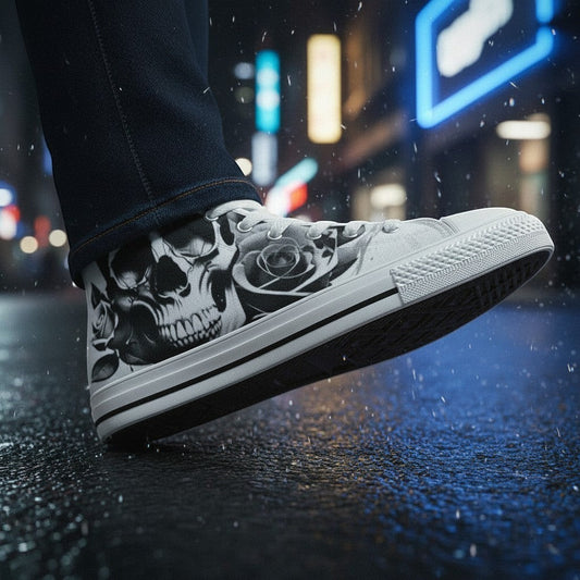 Freaky Shoes® women's canvas high-top sneakers featuring a grey skull and rose print on a rainy city street.