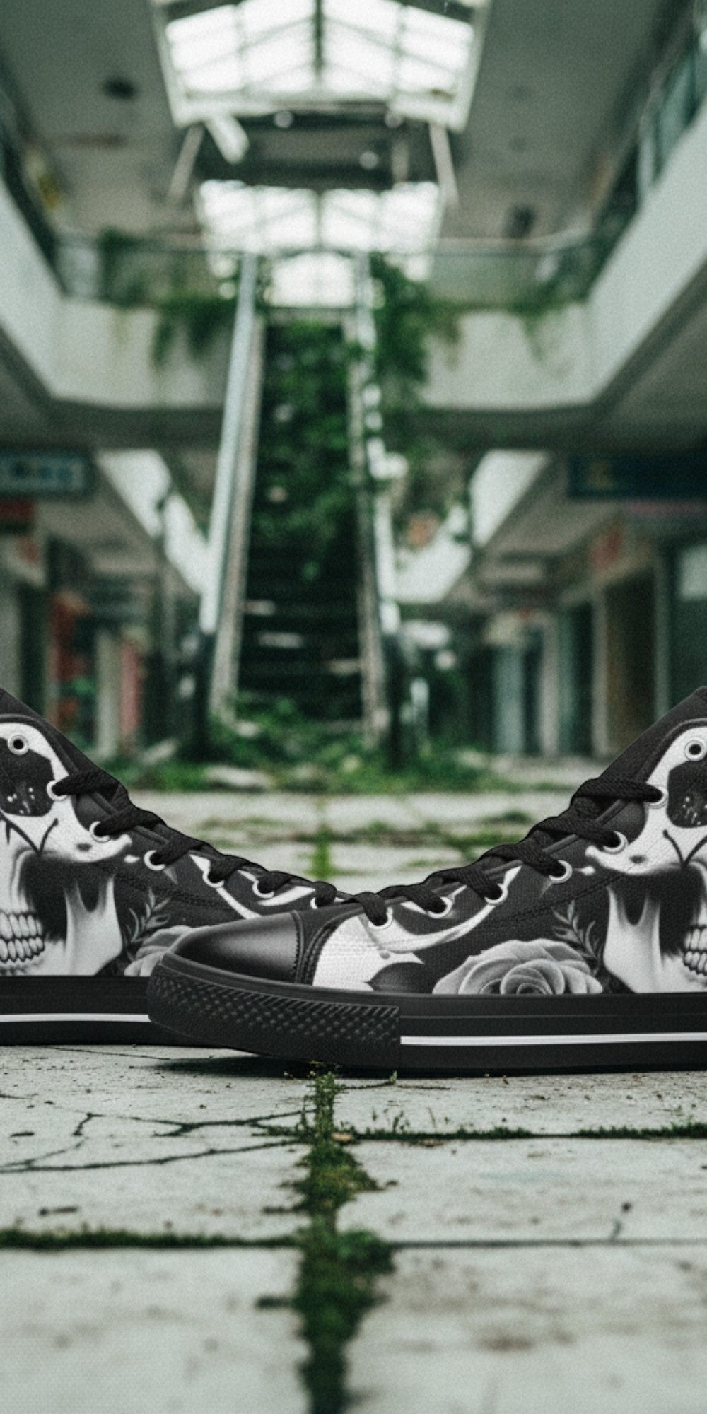 Custom Women's Skulls & Roses Black & White high-top canvas shoes with bold all-over art — Freaky Shoes