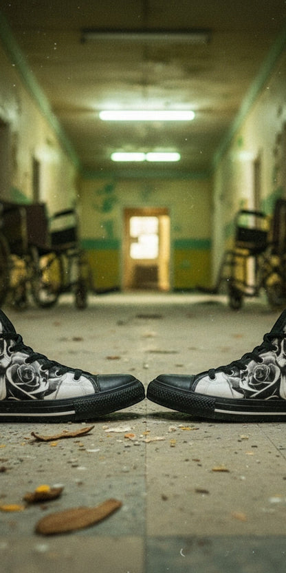 Women's Cartoon Skulls & Roses Black & White hand-made high-top canvas shoes — unique wearable art by Freaky Shoes