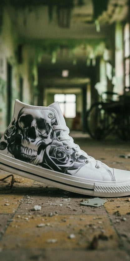 Women's Cartoon Skulls & Roses Black & White custom high-top canvas shoes — wearable art by Freaky Shoes