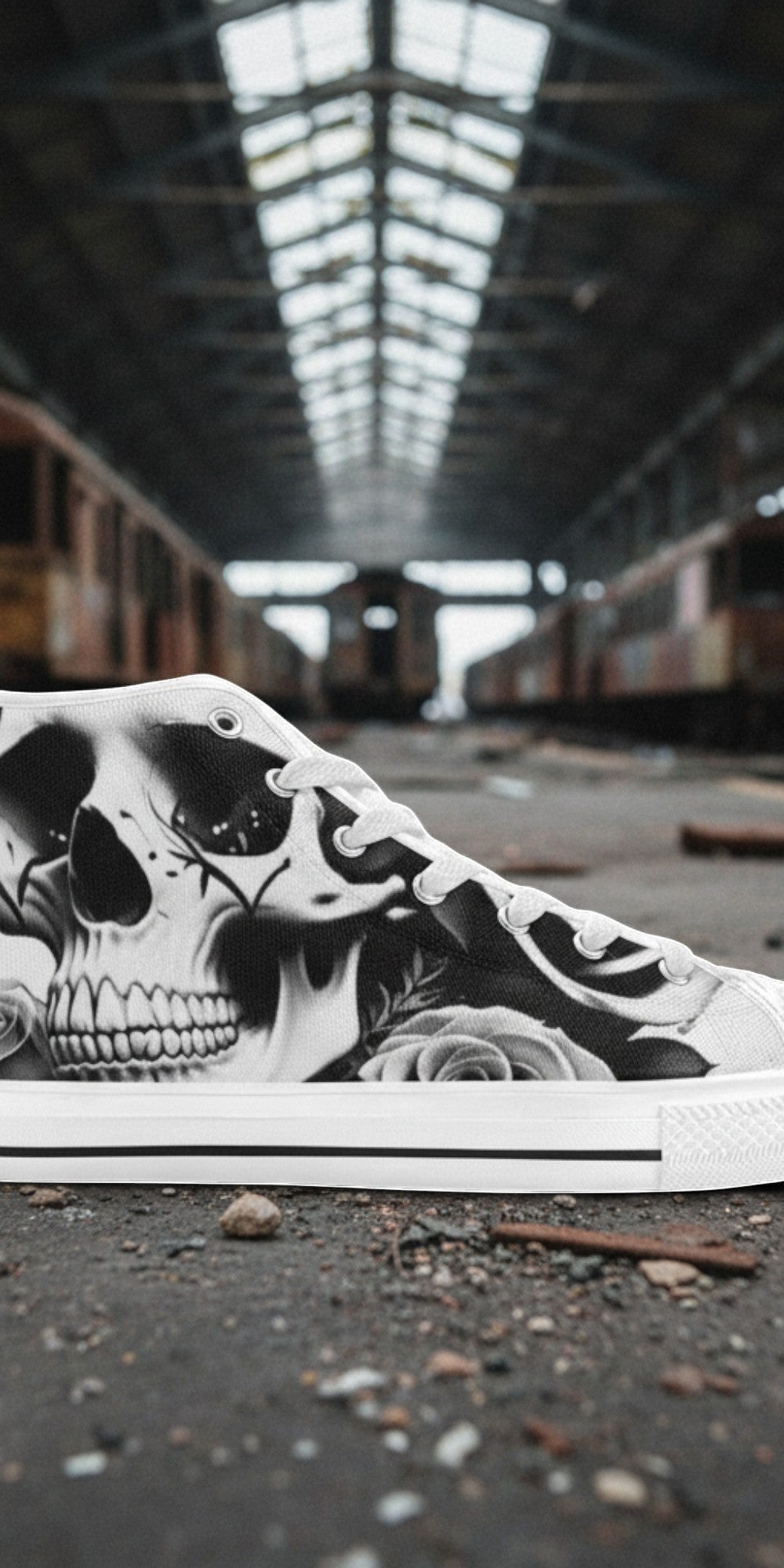 Women's Skulls & Roses Black & White hand-made high-top canvas shoes — unique wearable art by Freaky Shoes