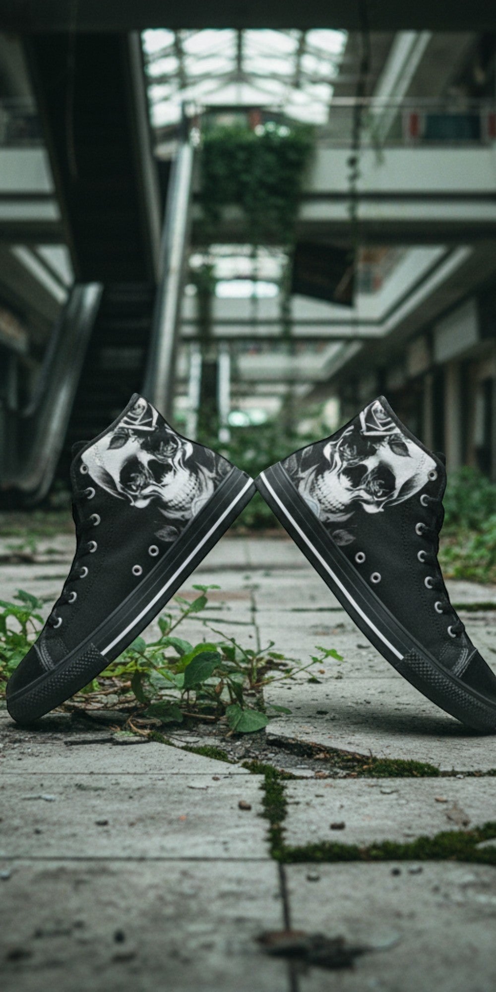 Women's Cartoon Skulls & Roses Black high-top canvas shoes — one-of-a-kind custom printed art, Freaky Shoes