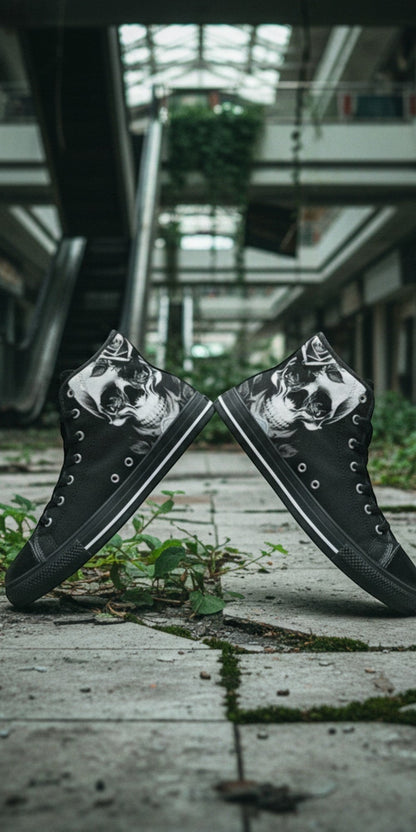 Women's Cartoon Skulls & Roses Black high-top canvas shoes — one-of-a-kind custom printed art, Freaky Shoes