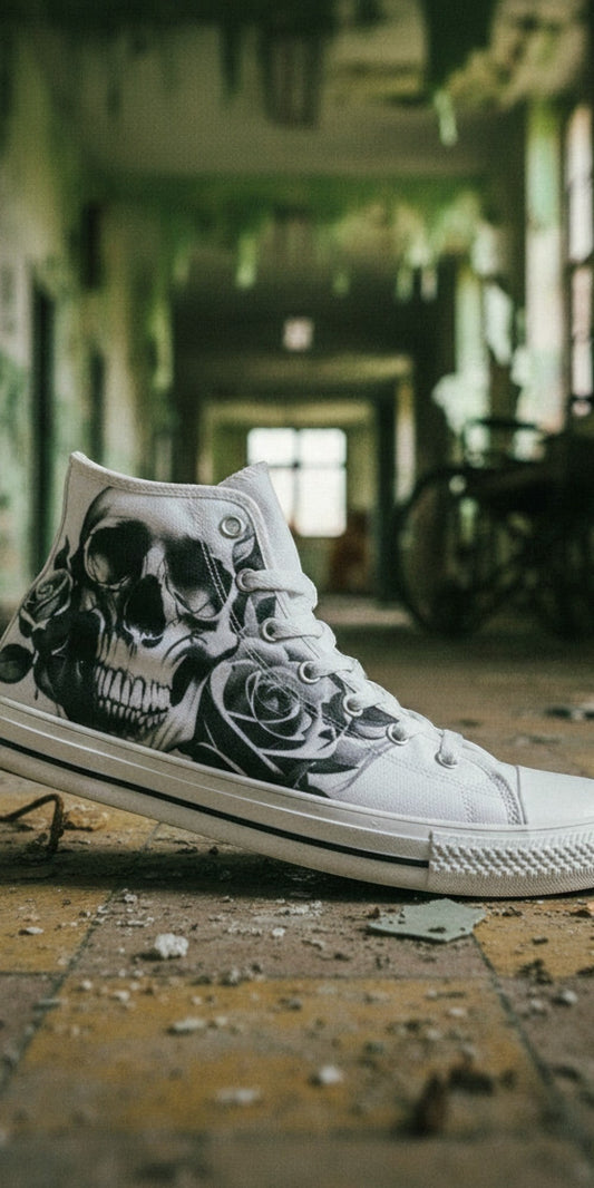 Freaky Shoes® grey skull and roses print high-top canvas sneakers with lace-up closure and rubber out-sole.