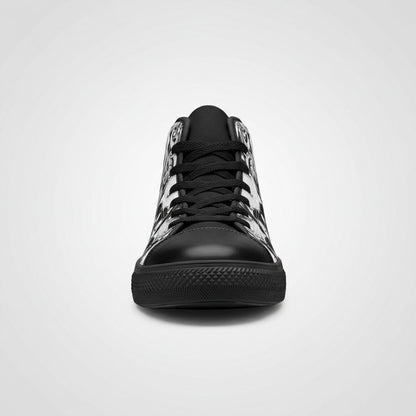Freaky Shoes® men's high-top canvas sneakers featuring a black and white skull and roses graphic print