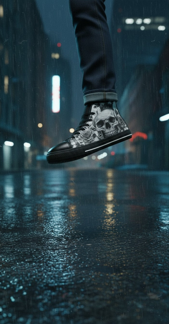 Freaky Shoes® grey skull and roses high top canvas sneakers with black rubber soles worn in a rainy city street.
