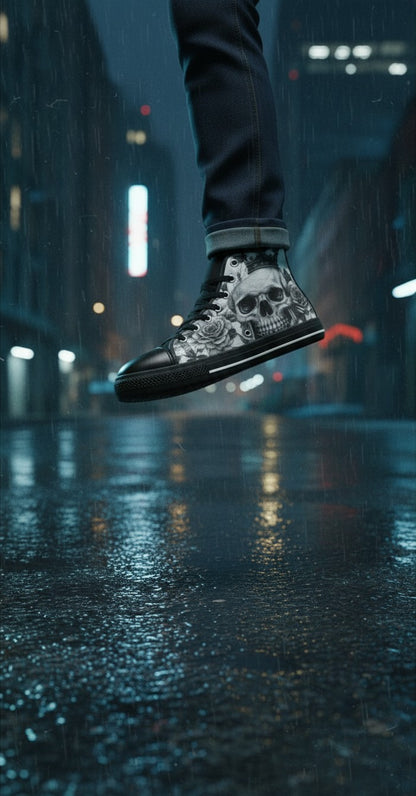 Freaky Shoes® grey skull and roses high top canvas sneakers with black rubber soles worn in a rainy city street.