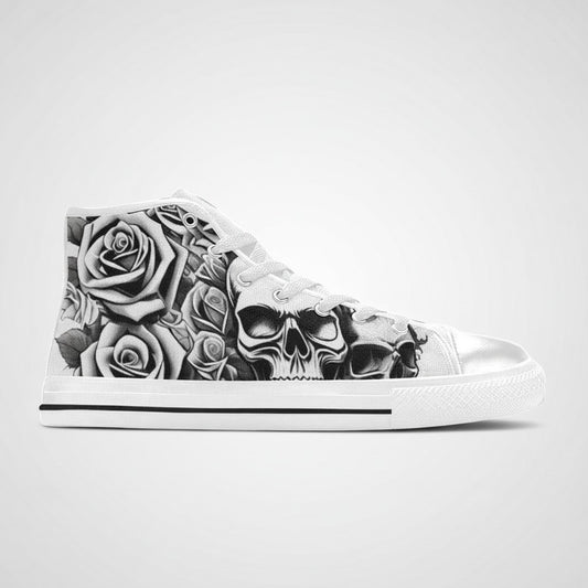 Freaky Shoes® men's high-top canvas sneakers featuring a black and white skull and rose tattoo-style print.