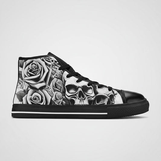 Freaky Shoes® men's high-top canvas sneakers featuring a black and white skull and roses graphic print