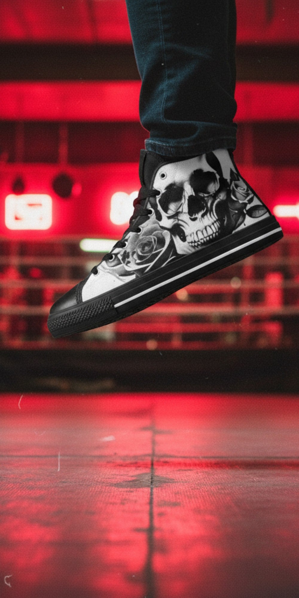 Men's Cartoon Skulls & Roses Black & White custom high-top canvas shoes — wearable art by Freaky Shoes