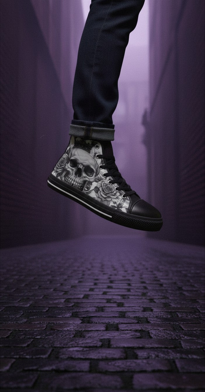 Freaky Shoes® women's gothic high top canvas sneakers featuring a grey skull and rose print on a dark alley background