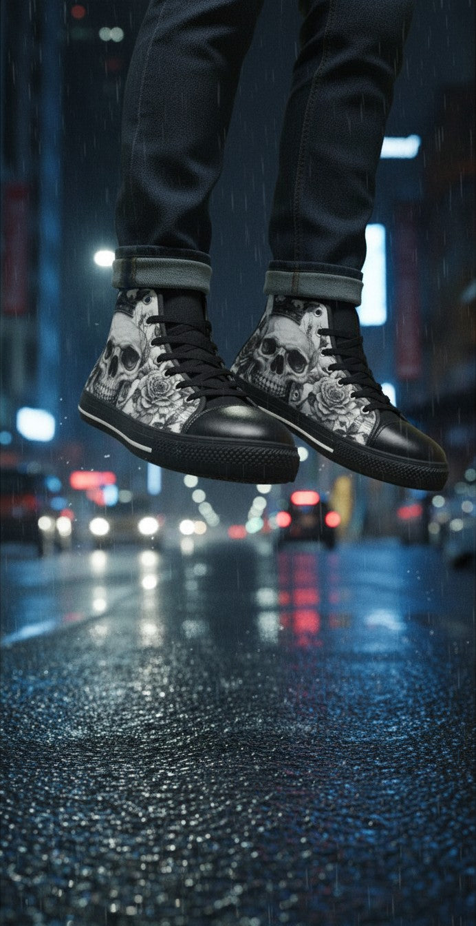 Freaky Shoes® gothic high top canvas sneakers featuring a grey skull and rose print, worn in a rainy city setting.
