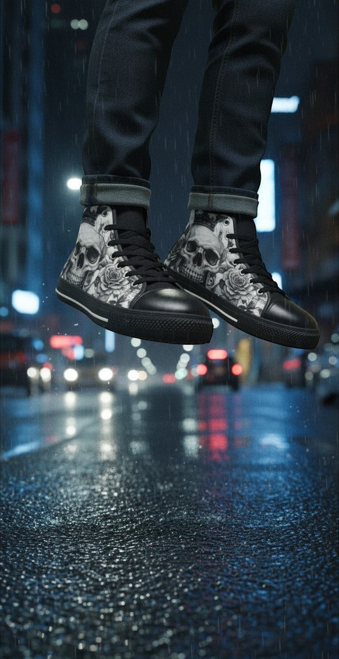 Women's Grey Skull & Roses Gothic high-top canvas shoes — one-of-a-kind custom printed art, Freaky Shoes