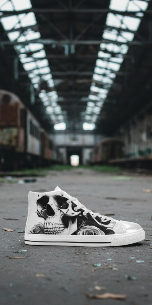 Men's Skulls & Roses Black & White custom high-top canvas shoes — wearable art by Freaky Shoes