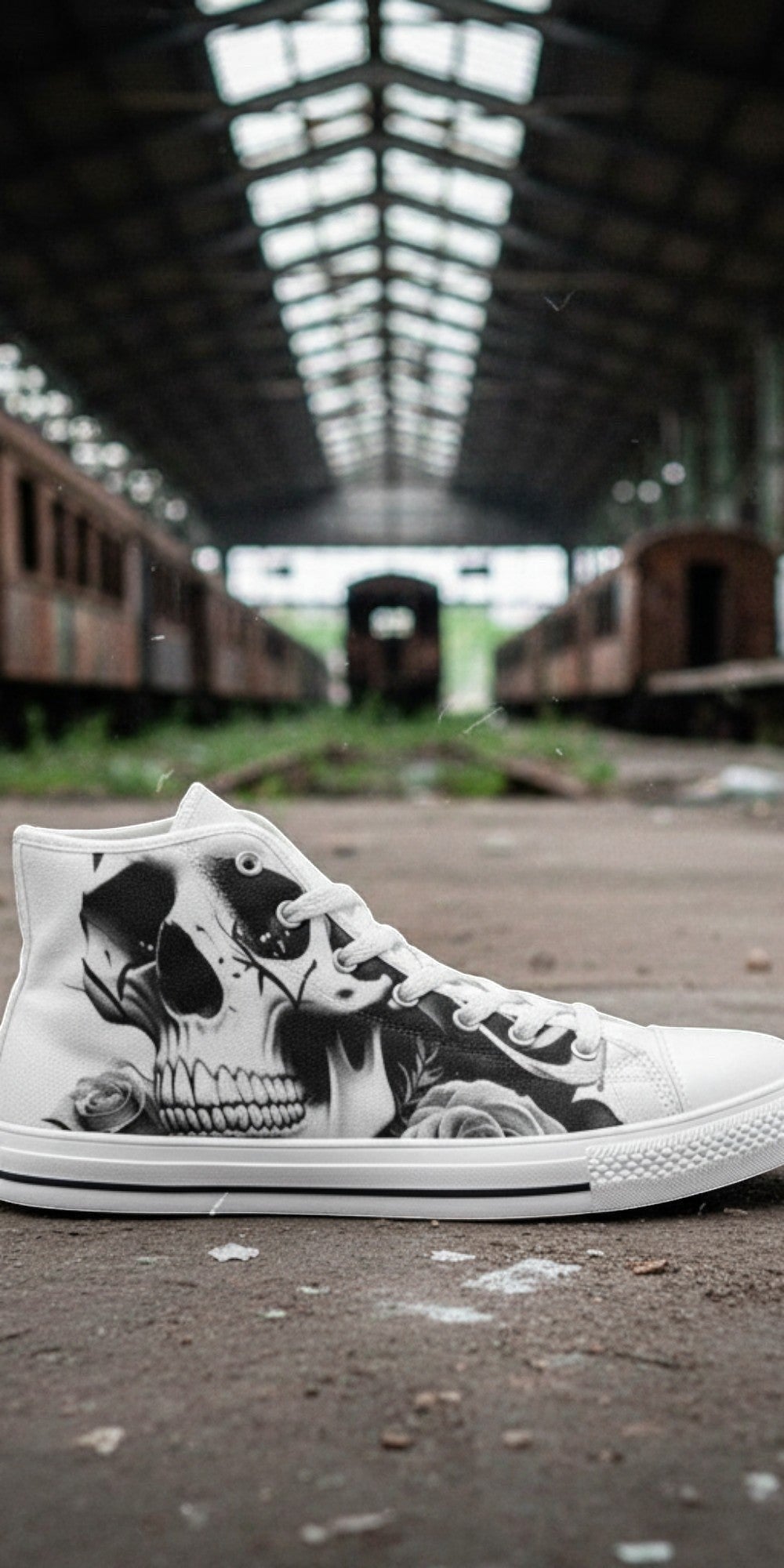 Custom Women's Skulls & Roses Black & White high-top canvas shoes with bold all-over art — Freaky Shoes