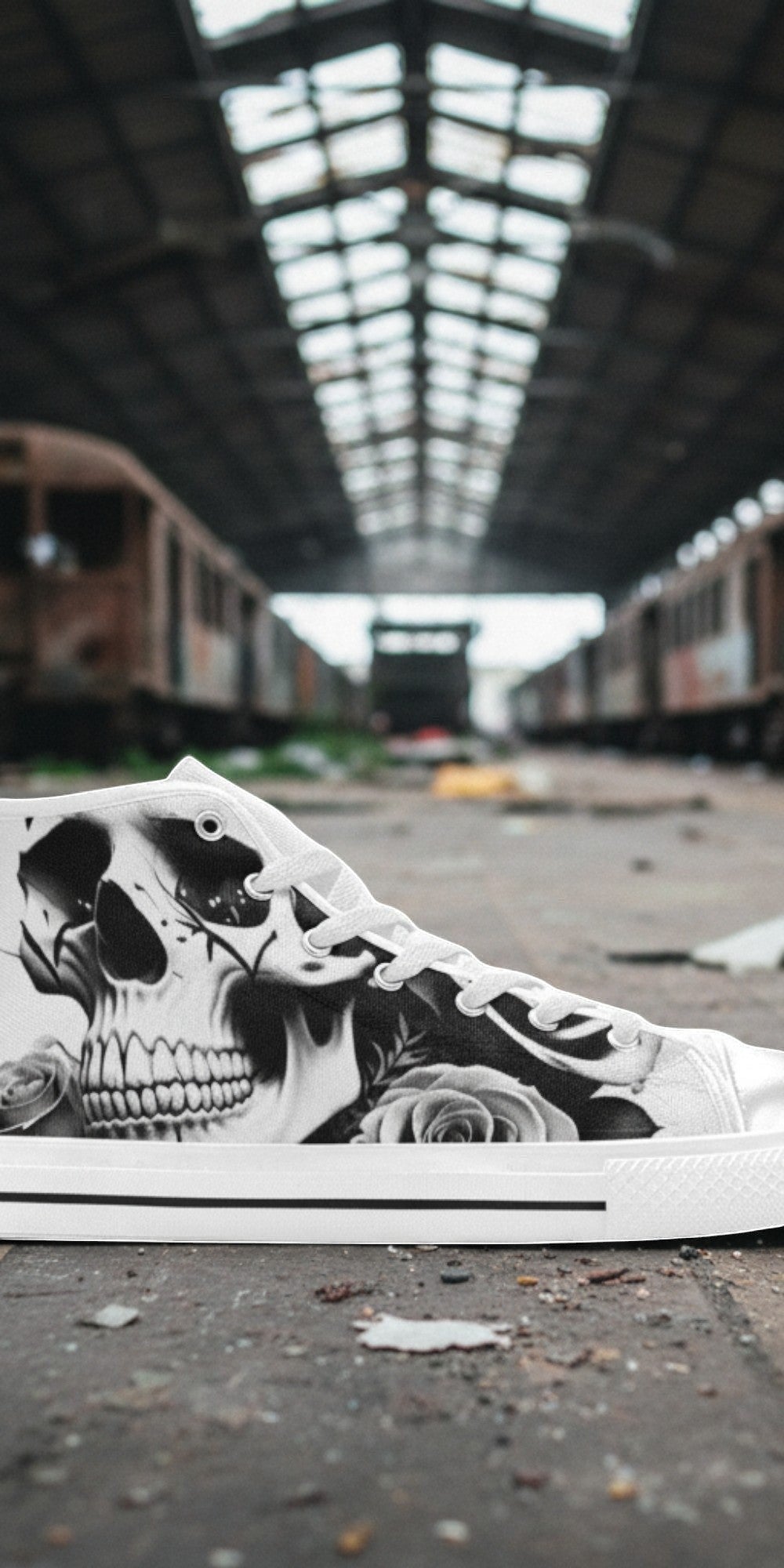 Custom Men's Skulls & Roses Black & White high-top canvas shoes with bold all-over art — Freaky Shoes