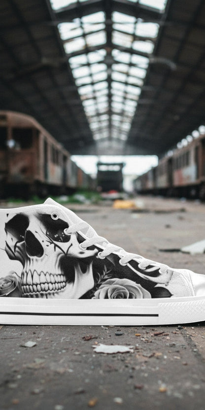 Custom Men's Skulls & Roses Black & White high-top canvas shoes with bold all-over art — Freaky Shoes