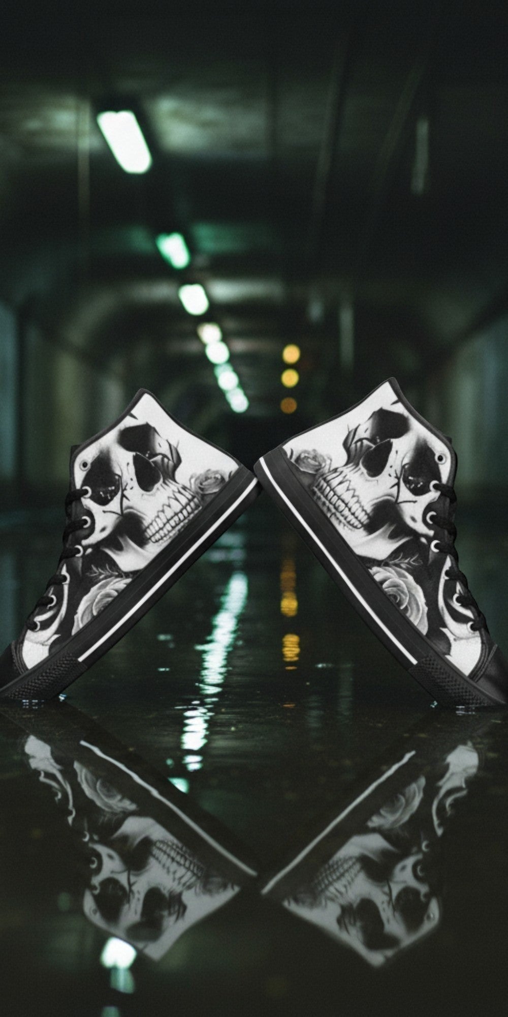 Custom Men's Skulls & Roses Black & White high-top canvas shoes with bold all-over art — Freaky Shoes