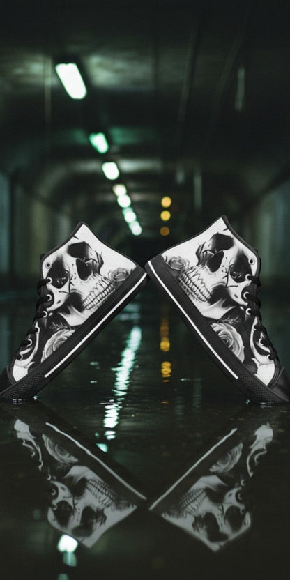 Custom Men's Skulls & Roses Black & White high-top canvas shoes with bold all-over art — Freaky Shoes