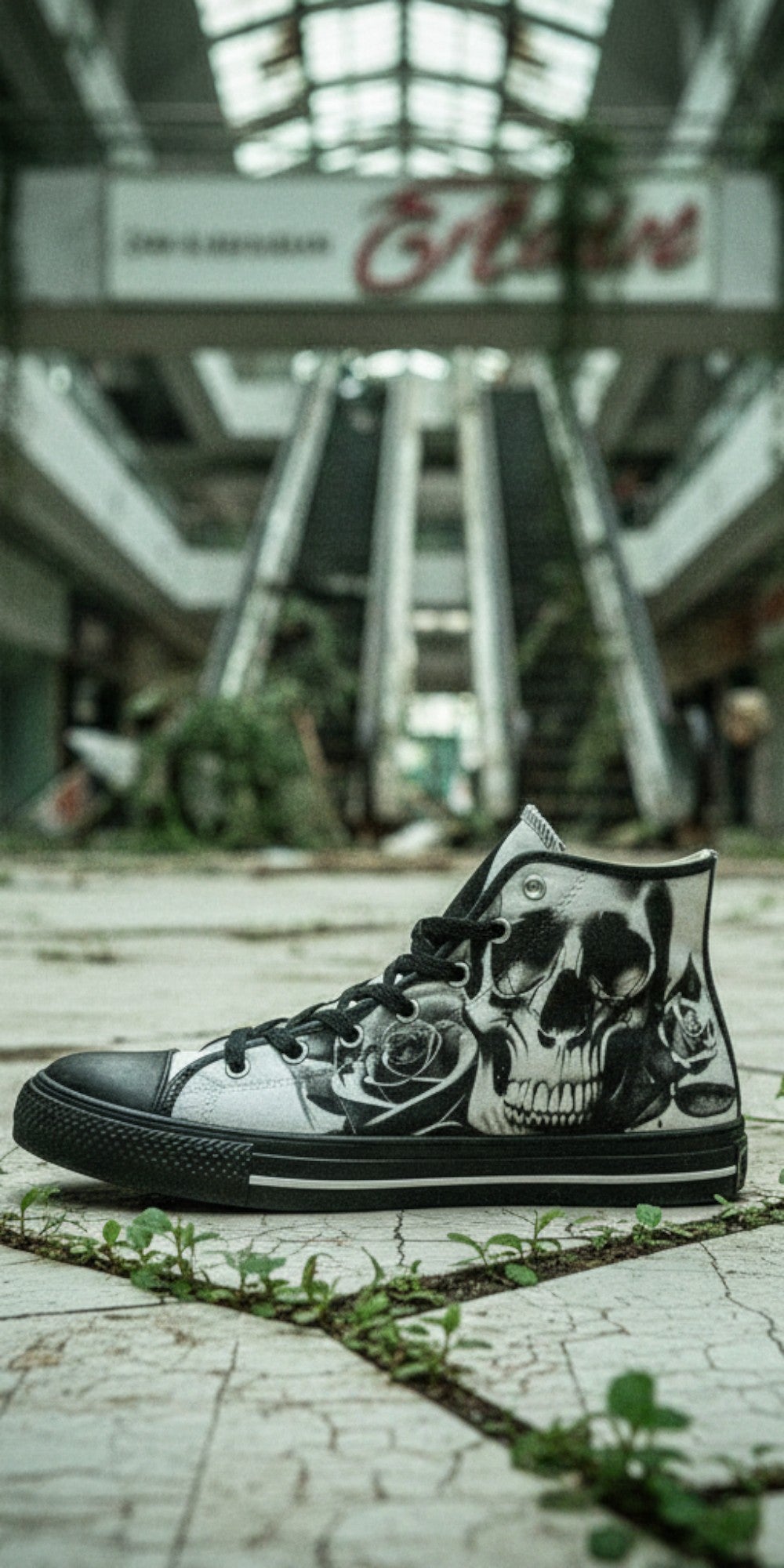 Men's Cartoon Skulls & Roses Black & White high-top canvas shoes — one-of-a-kind custom printed art, Freaky Shoes