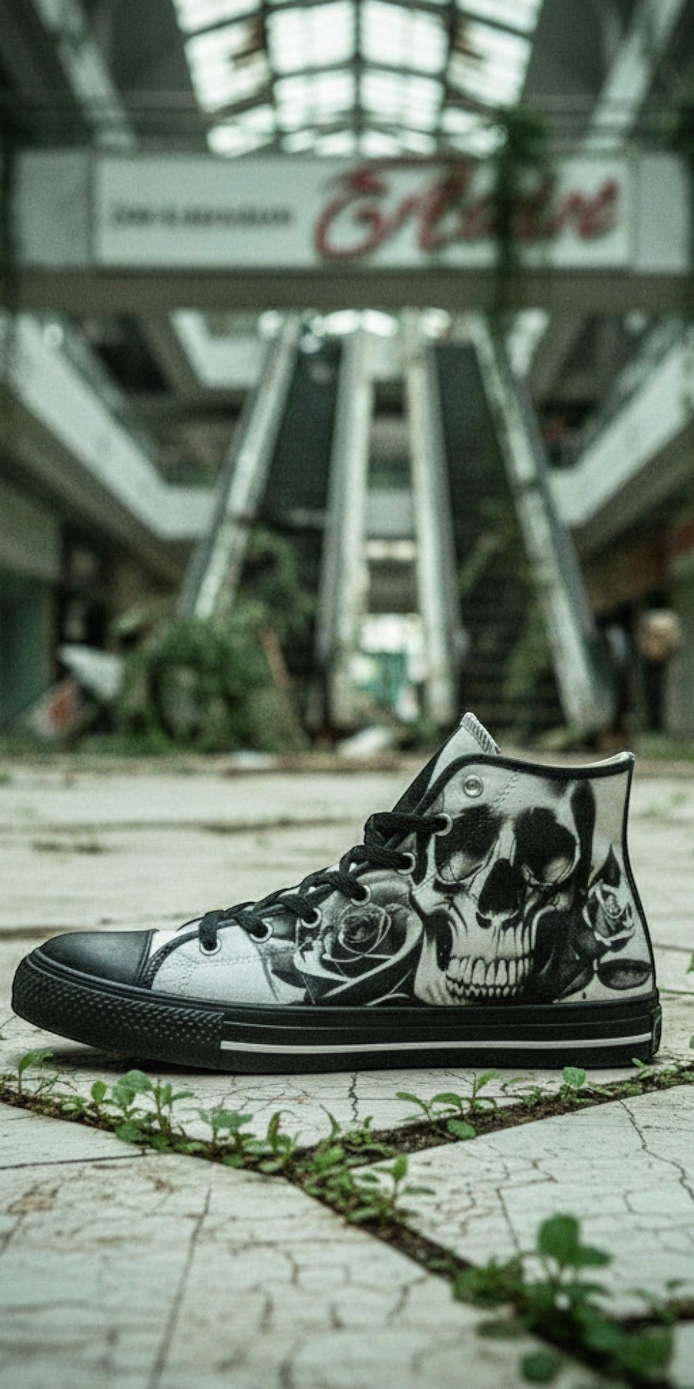 Men's Cartoon Skulls & Roses Black & White high-top canvas shoes — one-of-a-kind custom printed art, Freaky Shoes