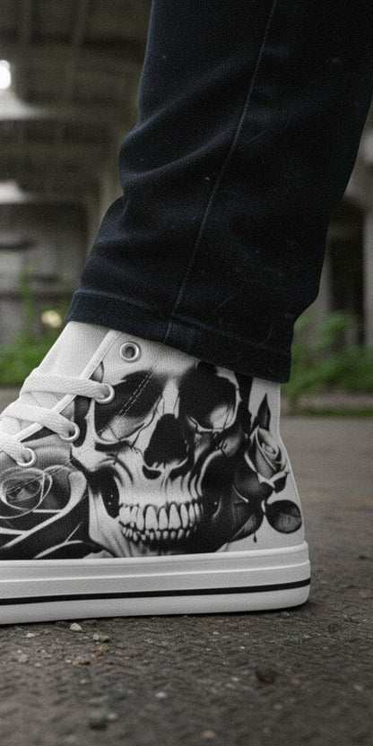 Men's Cartoon Skulls & Roses Black & White custom high-top canvas shoes — wearable art by Freaky Shoes