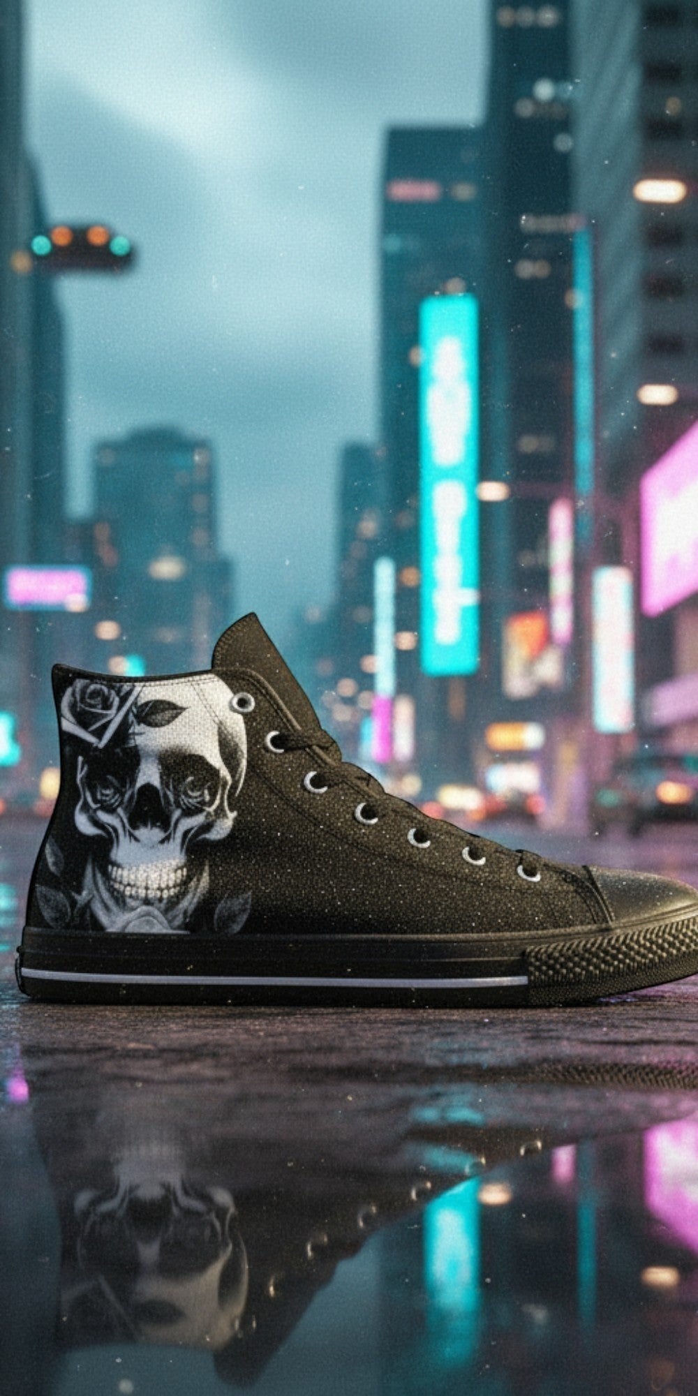Men's Cartoon Skulls & Roses Black high-top canvas shoes, custom full-wrap printed design — Freaky Shoes