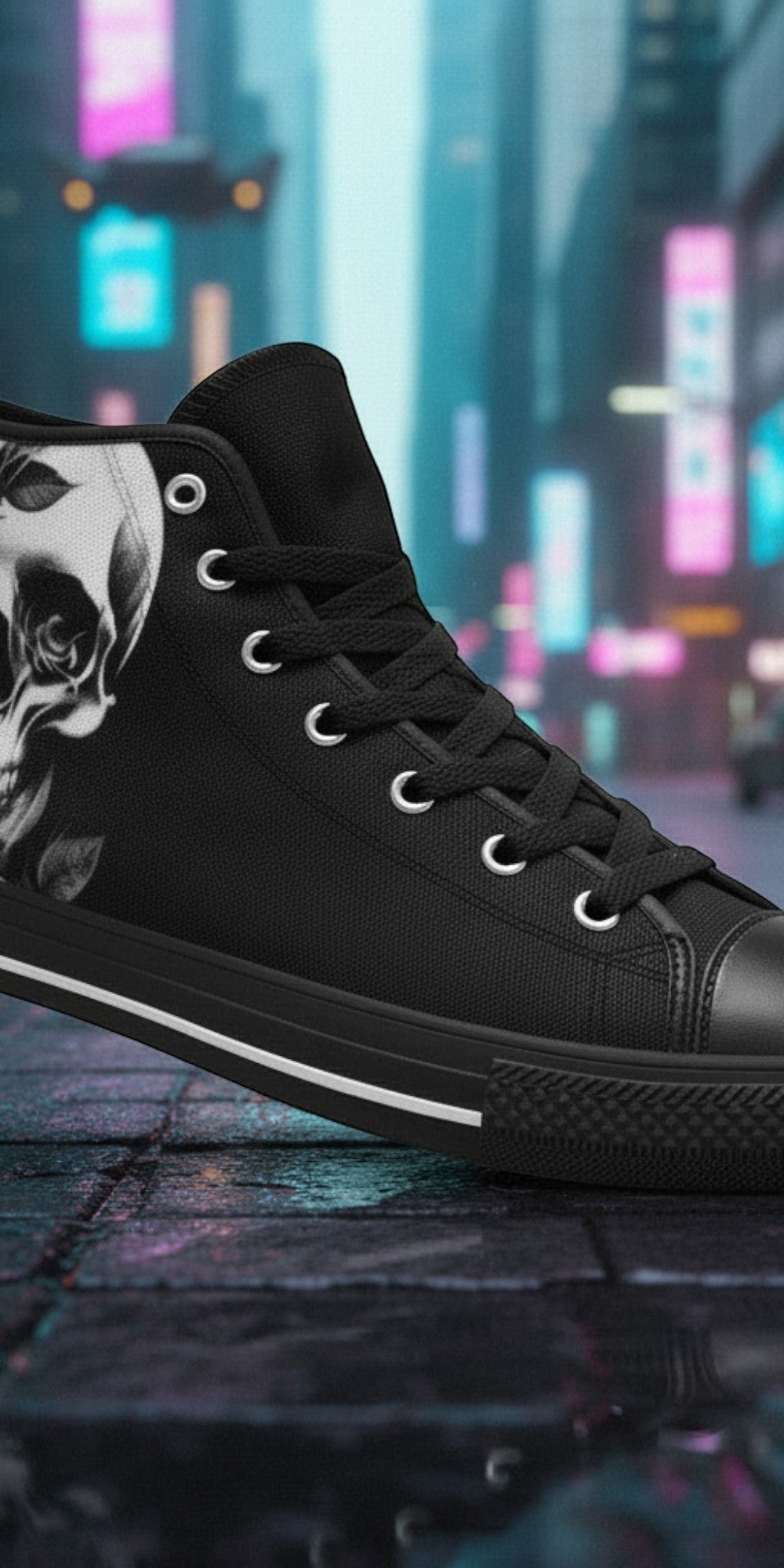Custom Men's Cartoon Skulls & Roses Black high-top canvas shoes with bold all-over art — Freaky Shoes