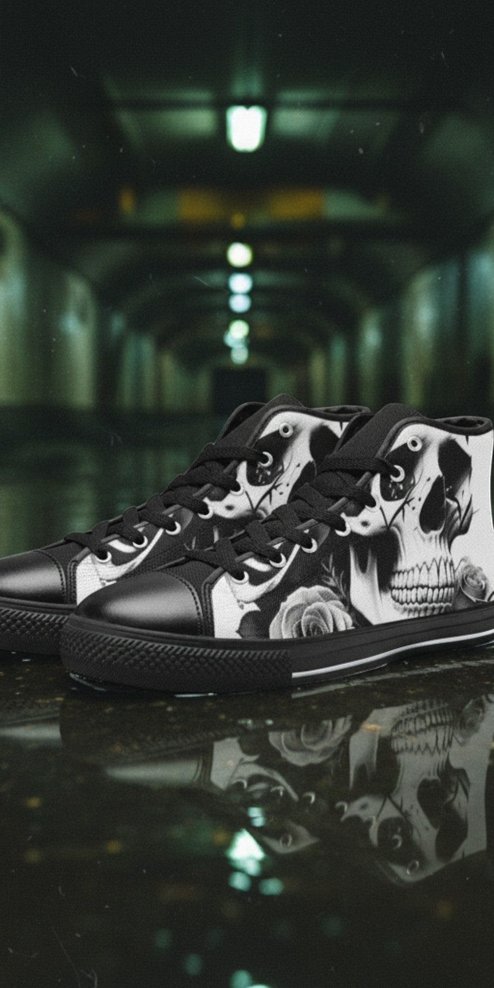 Men's Skulls & Roses Black & White hand-made high-top canvas shoes — unique wearable art by Freaky Shoes