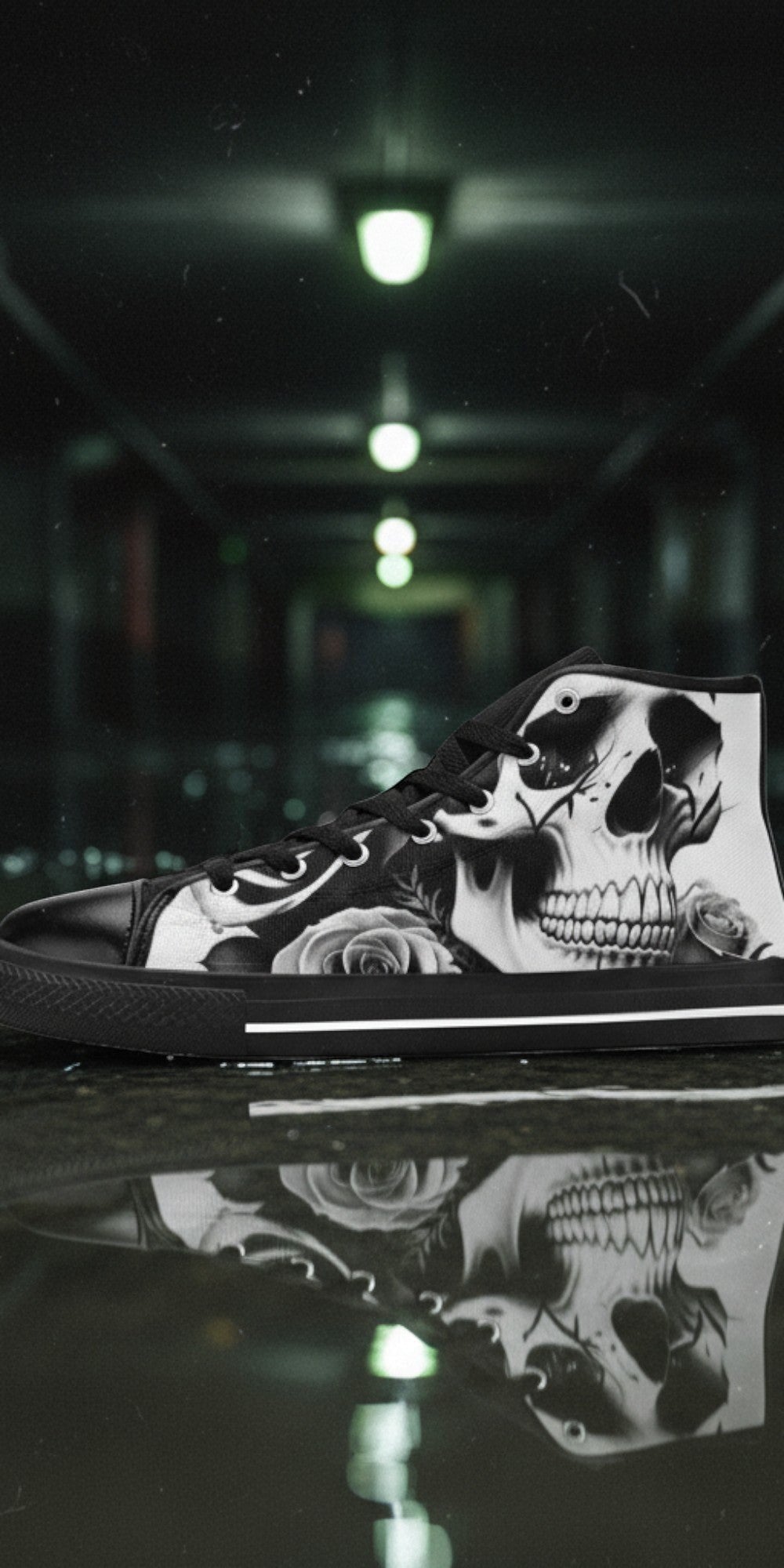 Men's Skulls & Roses Black & White high-top canvas shoes, custom full-wrap printed design — Freaky Shoes
