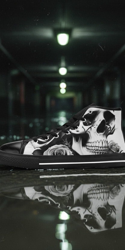 Men's Skulls & Roses Black & White high-top canvas shoes, custom full-wrap printed design — Freaky Shoes