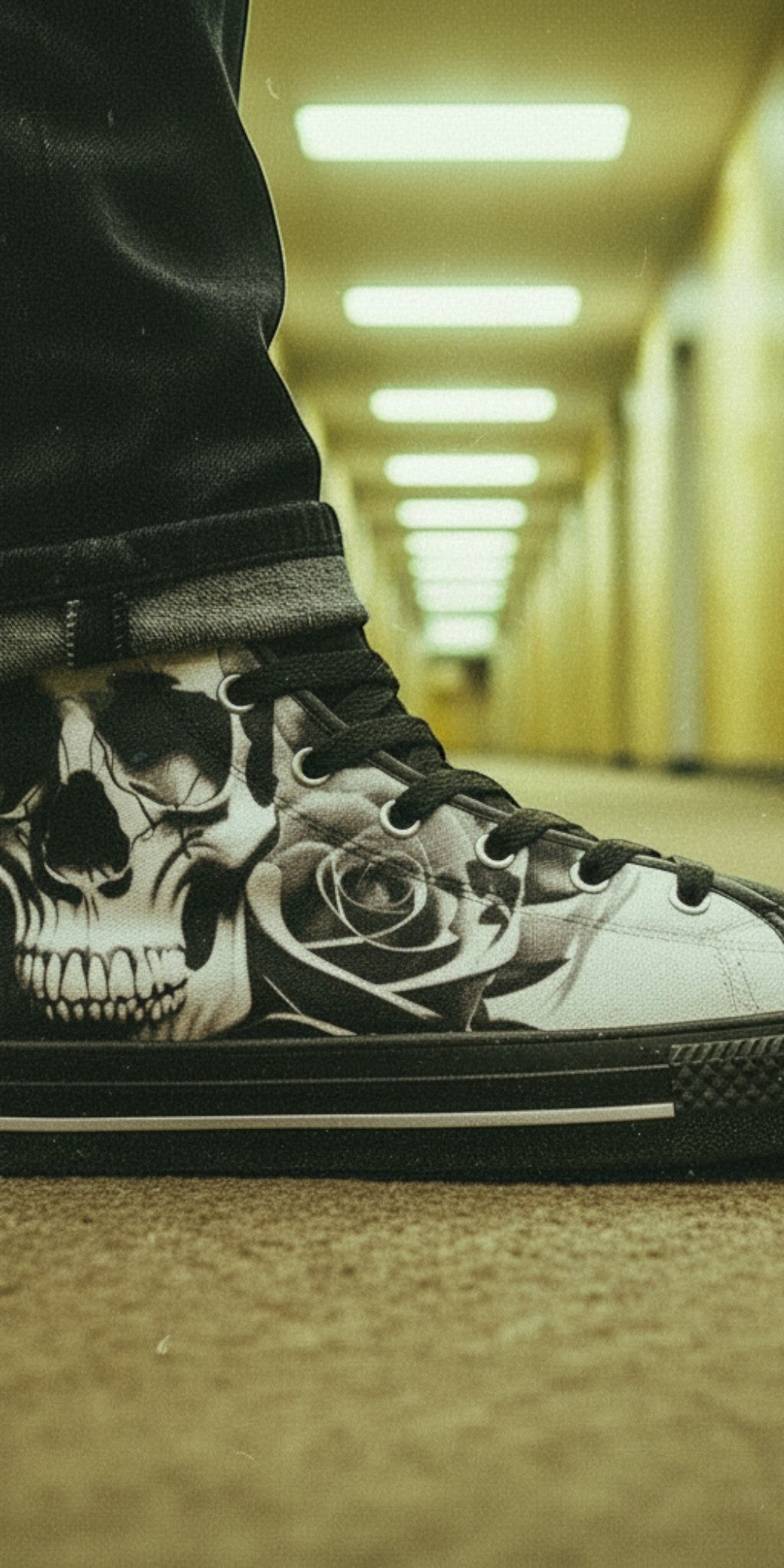 Men's Cartoon Skulls & Roses Black & White high-top canvas shoes, custom full-wrap printed design — Freaky Shoes