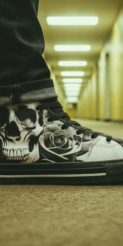 Men's Cartoon Skulls & Roses Black & White high-top canvas shoes, custom full-wrap printed design — Freaky Shoes