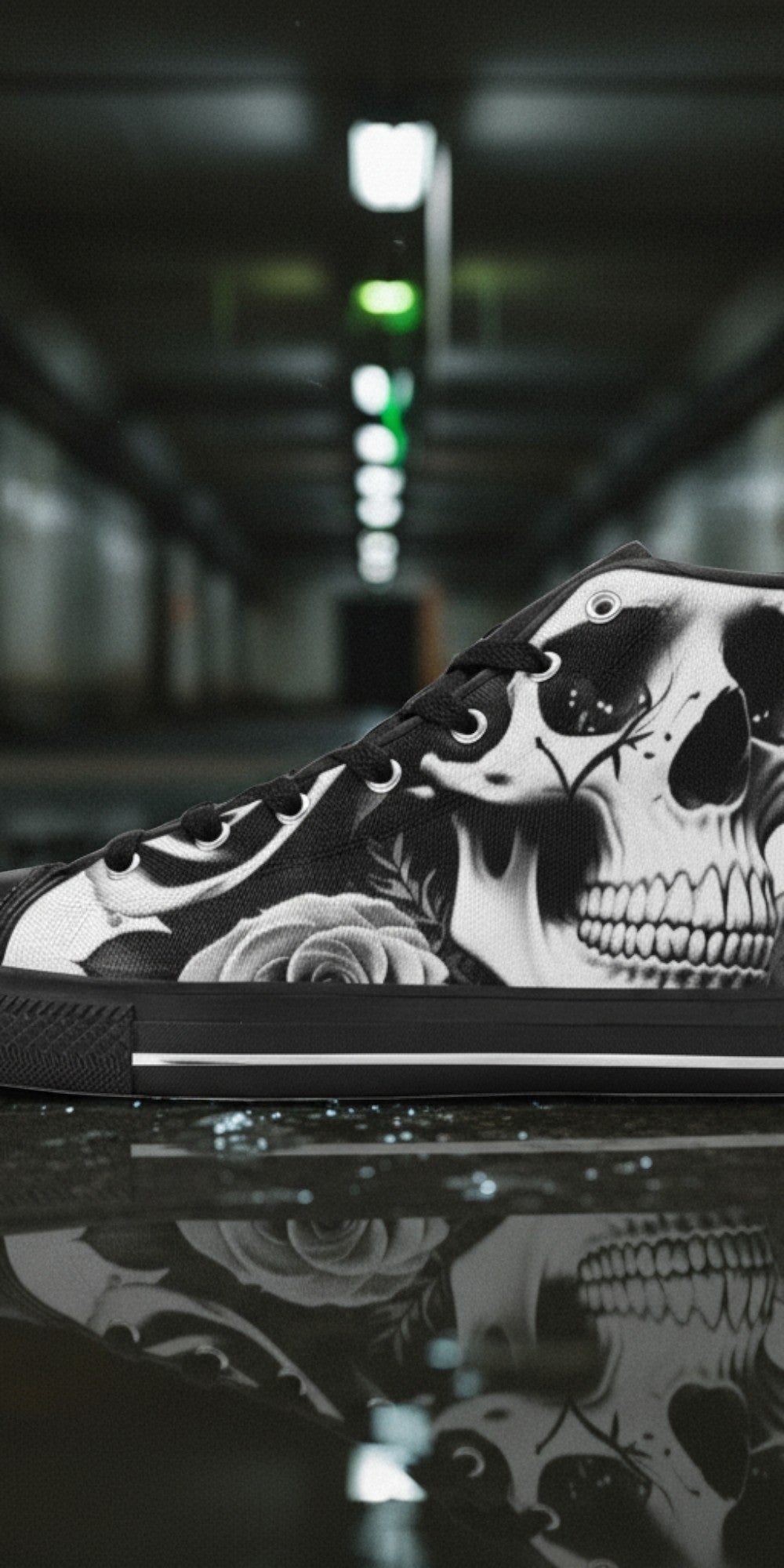 Men's Skulls & Roses Black & White custom high-top canvas shoes — wearable art by Freaky Shoes