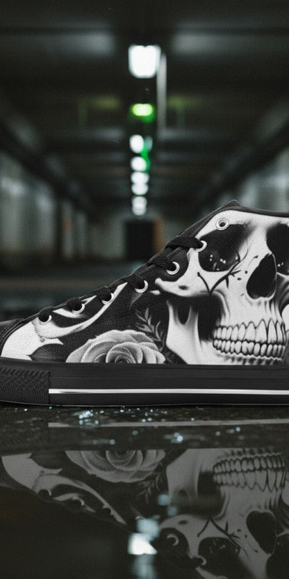 Men's Skulls & Roses Black & White custom high-top canvas shoes — wearable art by Freaky Shoes