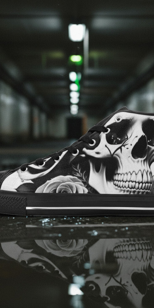 Men's Skulls & Roses Black & White custom high-top canvas shoes — wearable art by Freaky Shoes