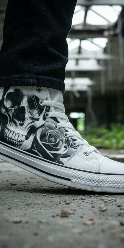 Men's Cartoon Skulls & Roses Black & White high-top canvas shoes — one-of-a-kind custom printed art, Freaky Shoes