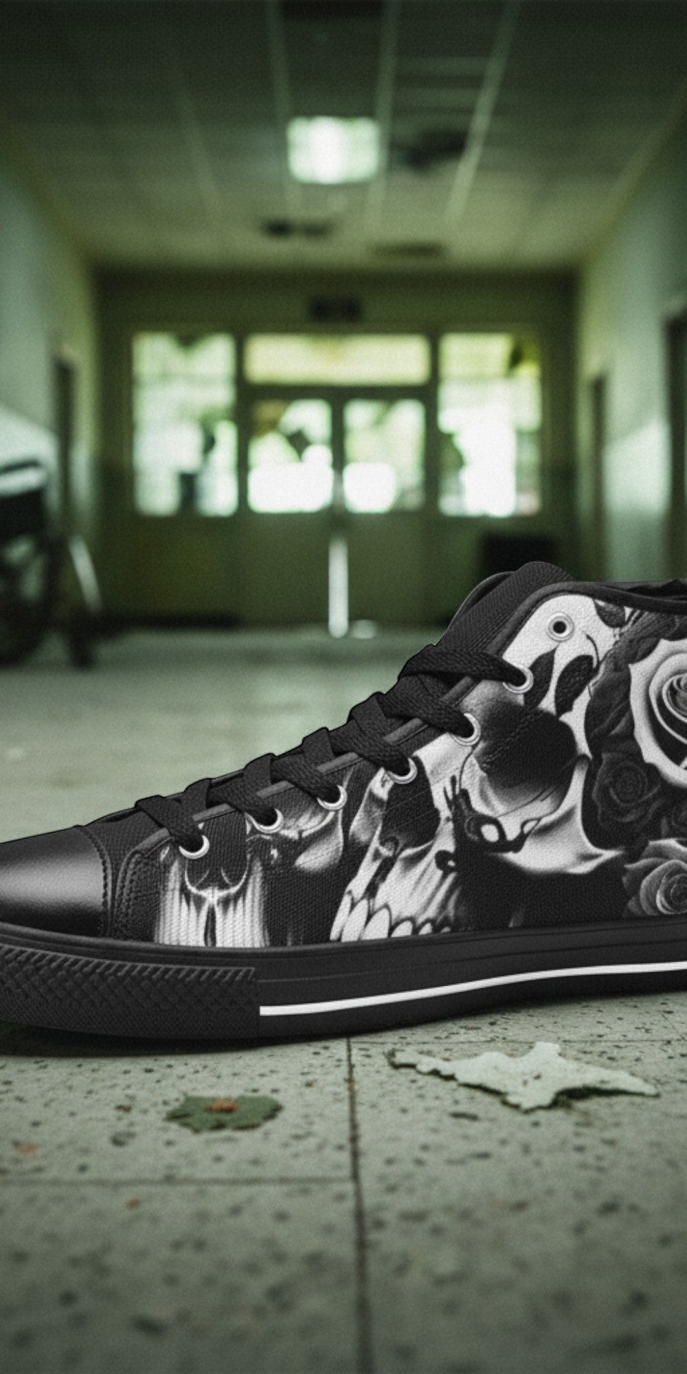 Men's Greyscale Skulls & Roses Black & White hand-made high-top canvas shoes — unique wearable art by Freaky Shoes