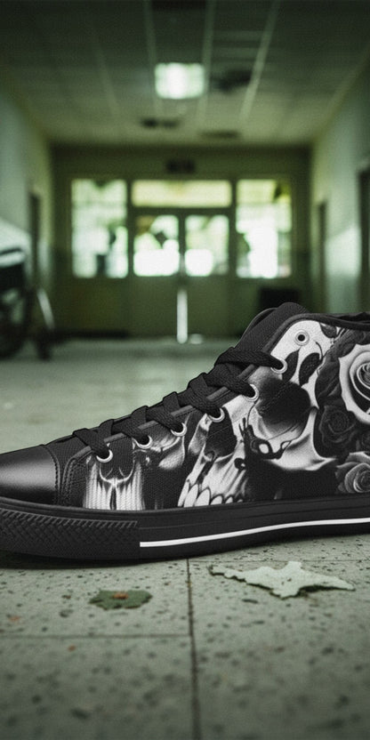 Men's Greyscale Skulls & Roses Black & White hand-made high-top canvas shoes — unique wearable art by Freaky Shoes