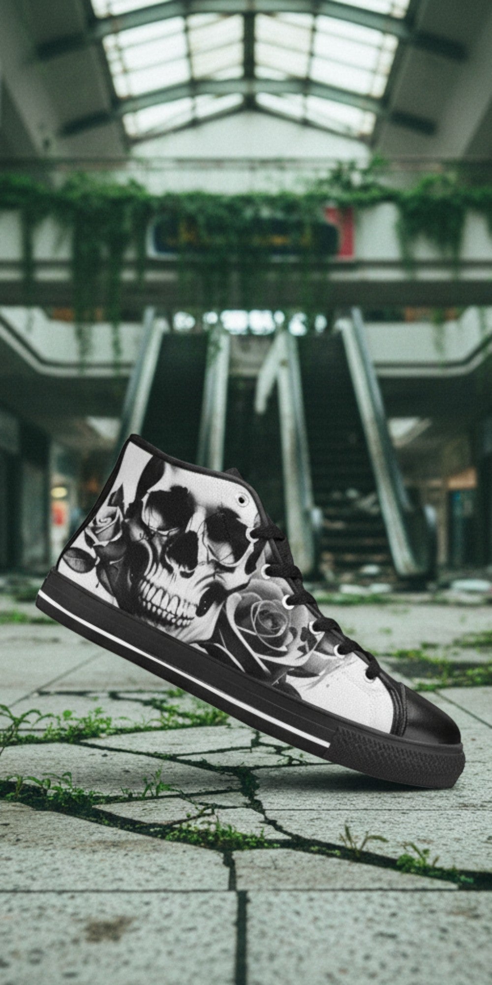Men's Cartoon Skulls & Roses Black & White high-top canvas shoes, custom full-wrap printed design — Freaky Shoes