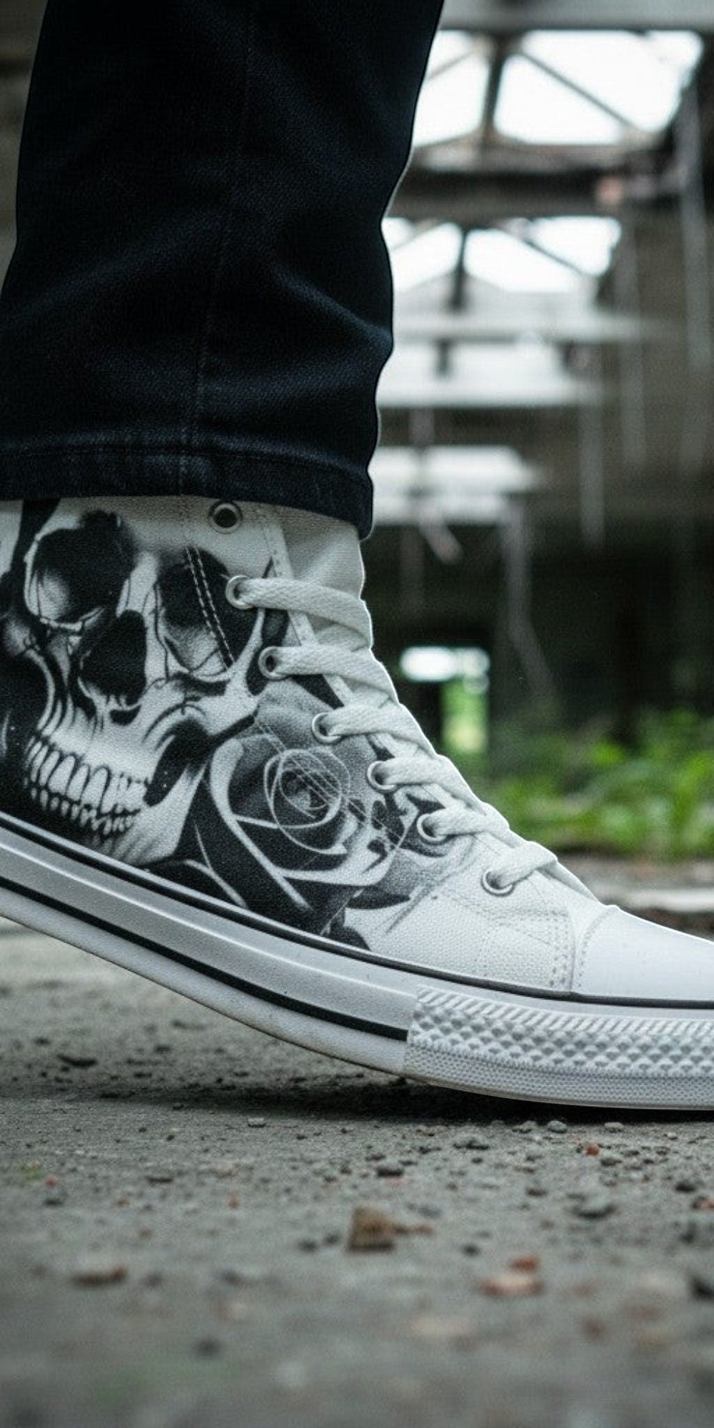 Men's Cartoon Skulls & Roses Black & White high-top canvas shoes — one-of-a-kind custom printed art, Freaky Shoes