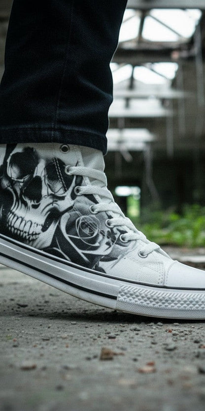 Men's Cartoon Skulls & Roses Black & White high-top canvas shoes — one-of-a-kind custom printed art, Freaky Shoes
