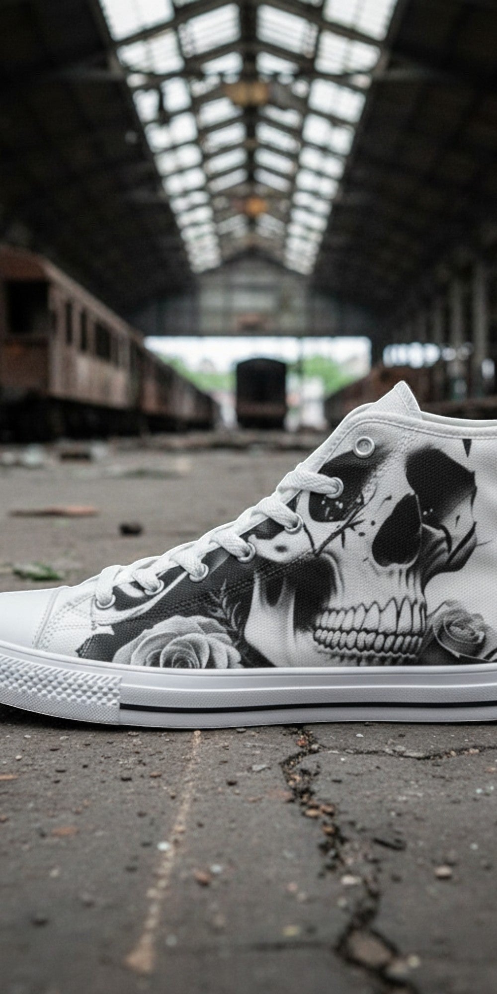 Men's Skulls & Roses Black & White hand-made high-top canvas shoes — unique wearable art by Freaky Shoes