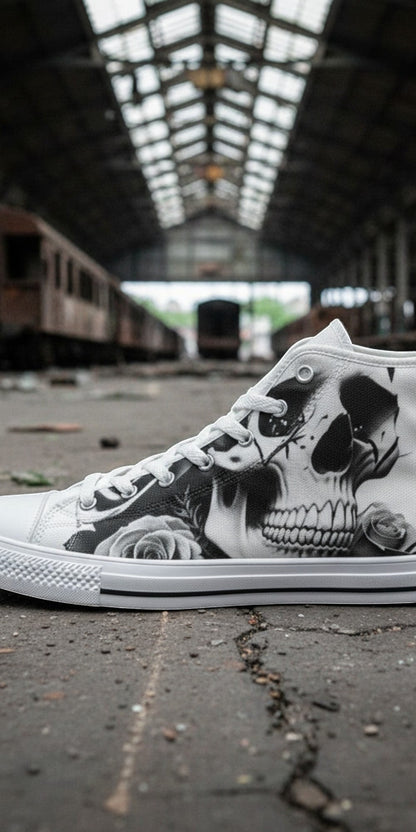 Men's Skulls & Roses Black & White hand-made high-top canvas shoes — unique wearable art by Freaky Shoes