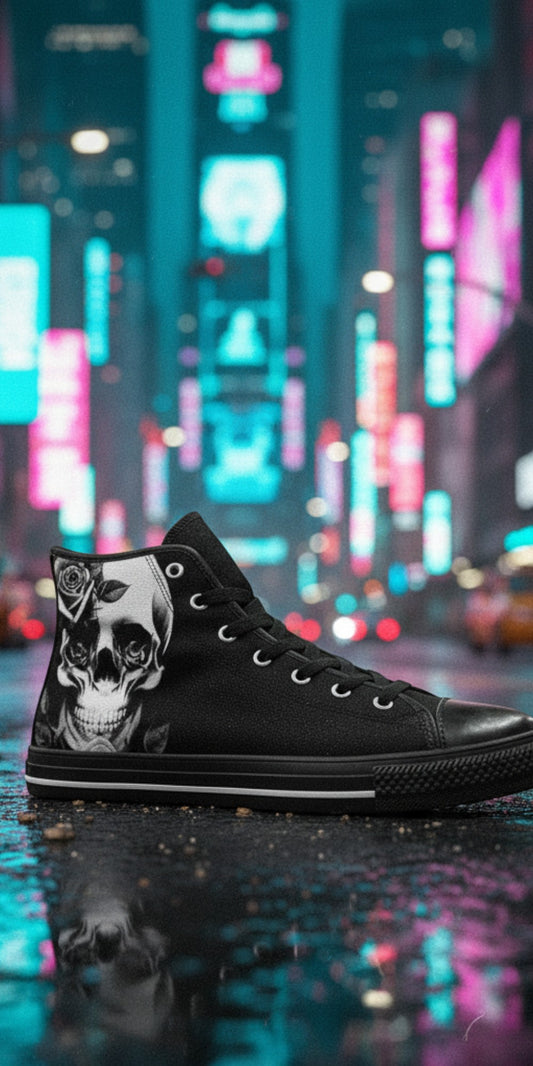 Freaky Shoes® men's black canvas high-top sneakers featuring a grey skull and rose graphic on a city street background.